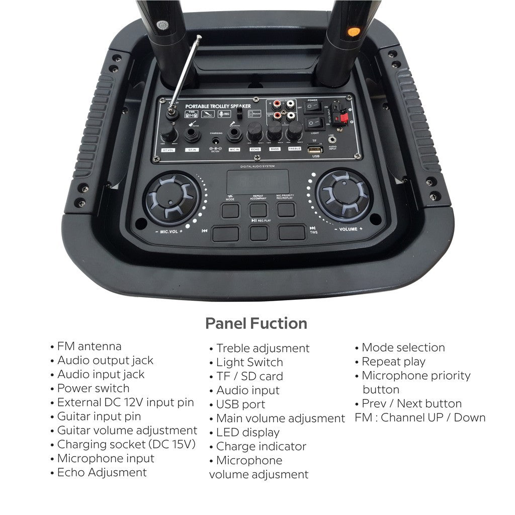 Vinnfier VF Tango 300 WMU Pembesar Suara Trolley Mudah Alih Portable Trolley Bluetooth Speaker 2 UHF Wireless Mic