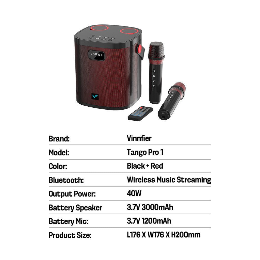 Vinnfier VF Tango Pro 1 Bluetooth Portable Karaoke Speaker with 2 Wireless Microphone