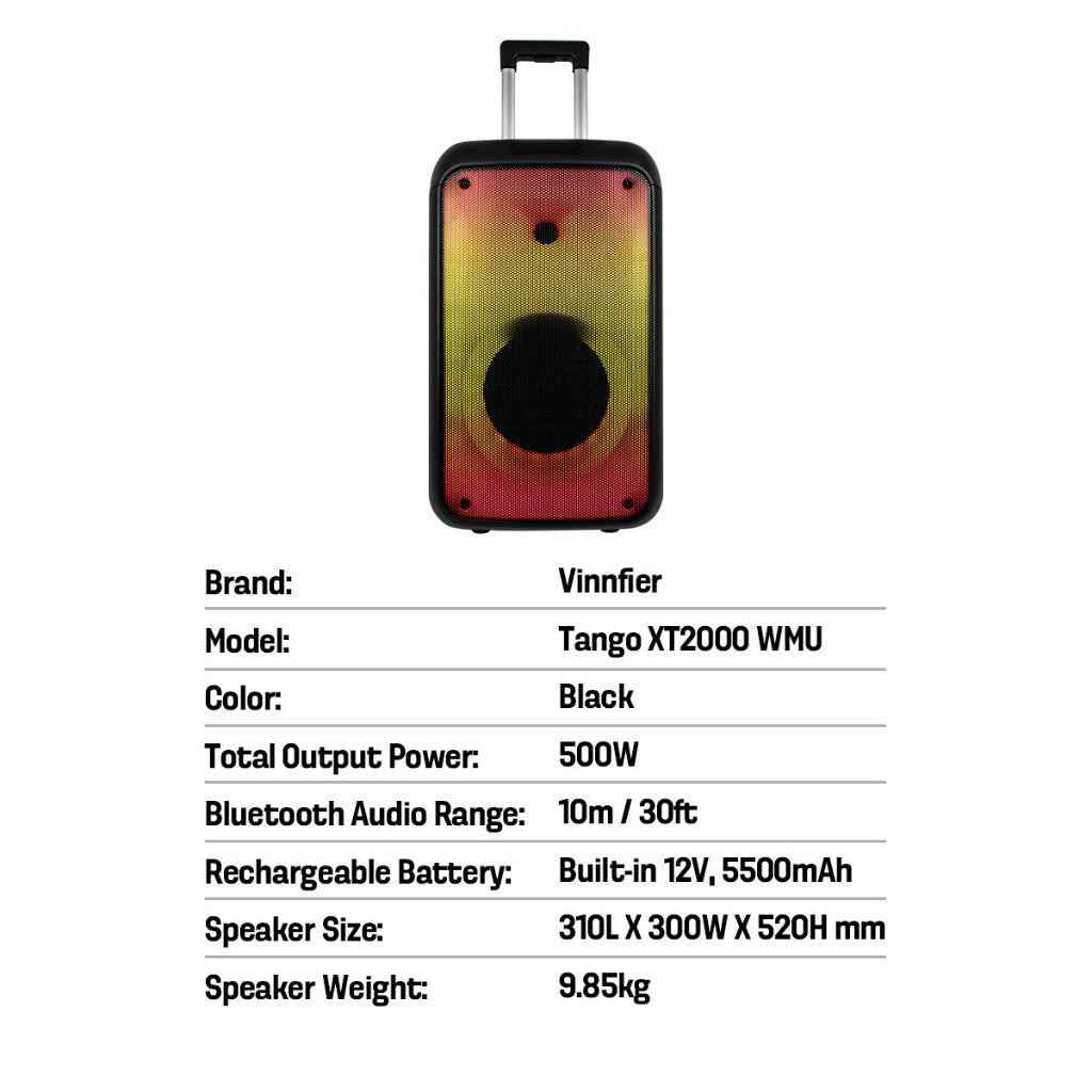 Vinnfier VF Tango XT2000 WMU 500W Bluetooth Speaker HI-FI Audio Karaoke PartyBox Speaker with 2 Wireless Mic  Audi