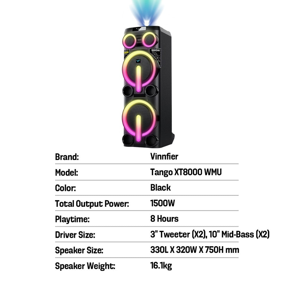 Vinnfier VF Tango XT8000 WMU 1500W MAX 14000mAh Potable Bluetooth Guitar Partybox Speaker Karaoke Speaker Aux-In USB