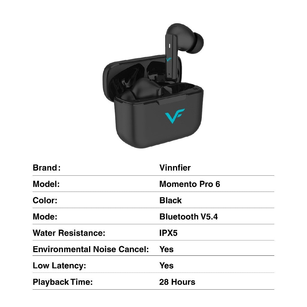Vinnfier VF Momento Pro 6 Bluetooth ANC ENC TWS Wireless Bluetooth Earphones Stereo call power Touch Headset