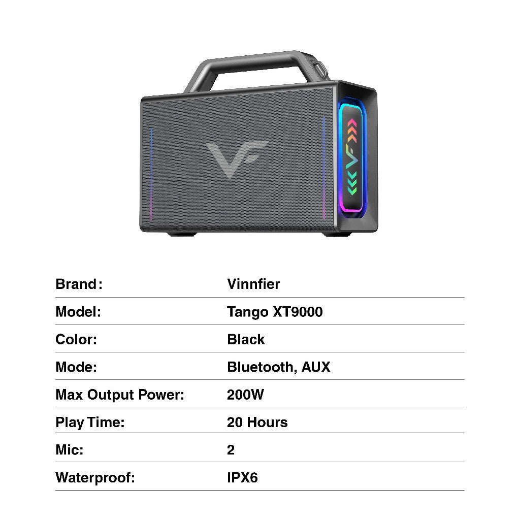 Vinnfier VF Tango XT9000 MAX 200W Professional Karaoke Portable Bluetooth Speaker Sound card Mixer 2 UHF Mirophone