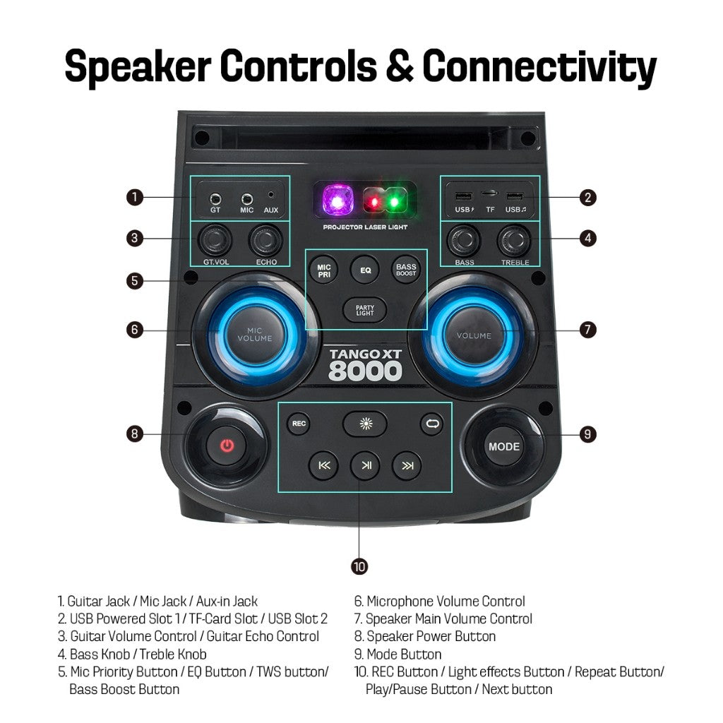 Vinnfier VF Tango XT8000 WMU 1500W MAX 14000mAh Potable Bluetooth Guitar Partybox Speaker Karaoke Speaker Aux-In USB