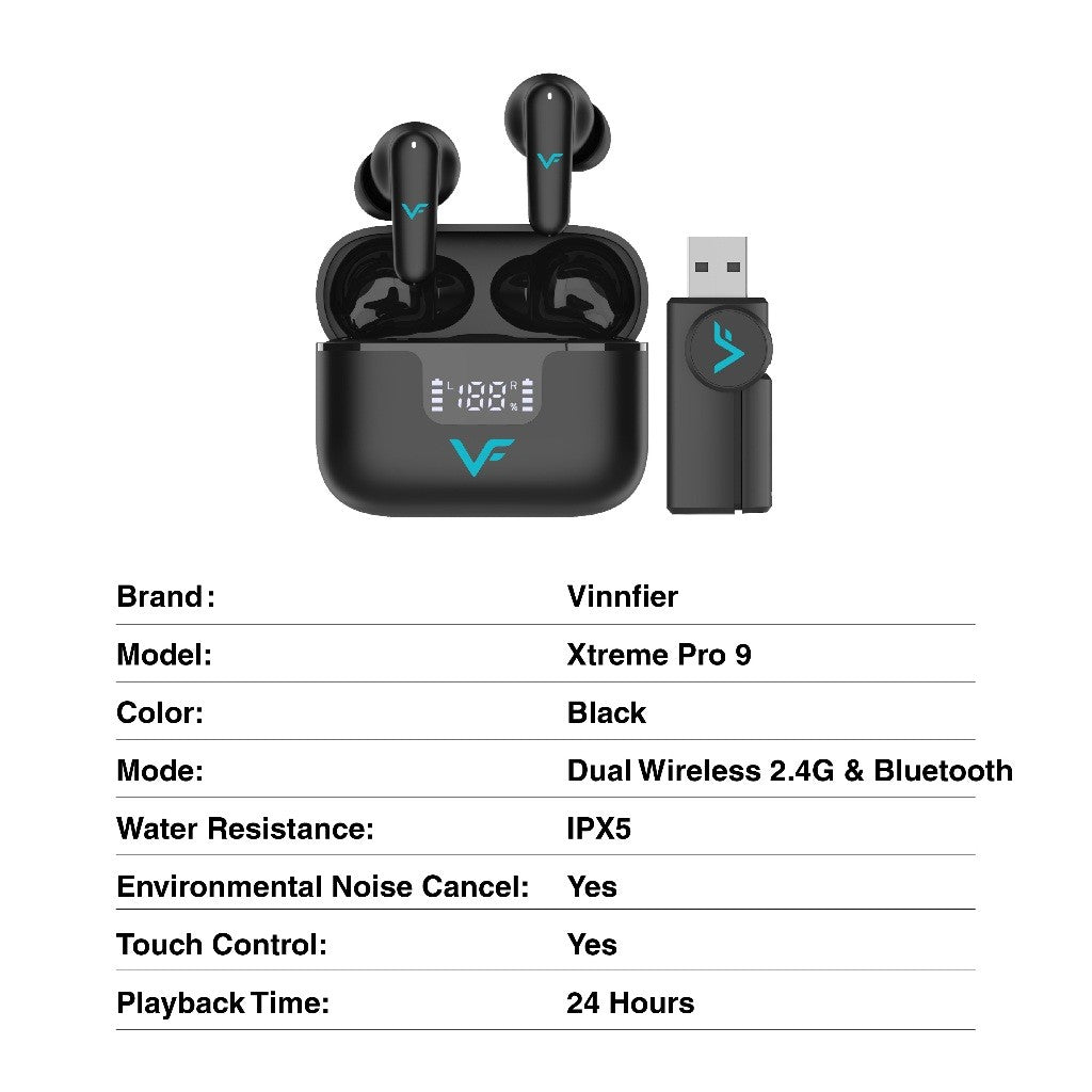 Vinnfier VF Xtreme Pro 9 2.4ghz Dongle Wireless earbuds ANC Transparent Mode leather-grain Spatial Audio VR Gaming