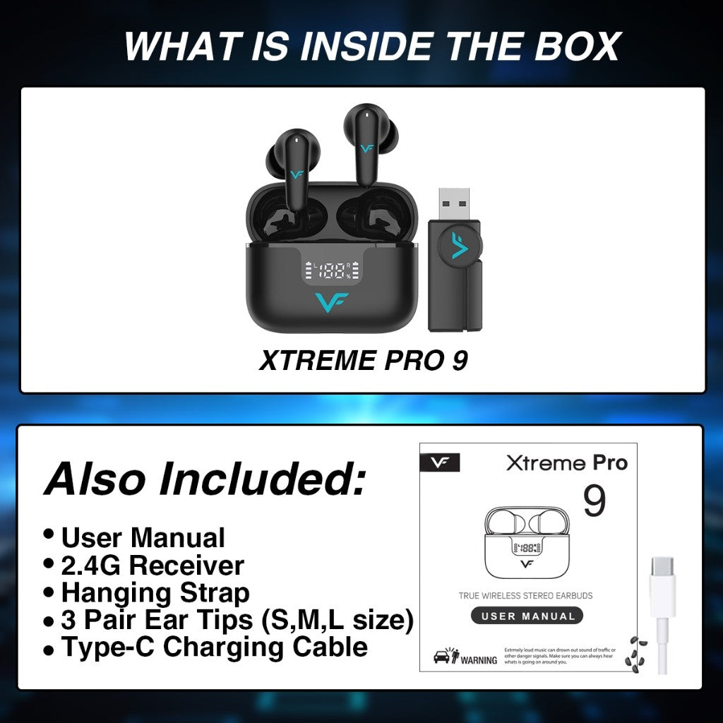 Vinnfier VF Xtreme Pro 9 2.4ghz Dongle Wireless earbuds ANC Transparent Mode leather-grain Spatial Audio VR Gaming