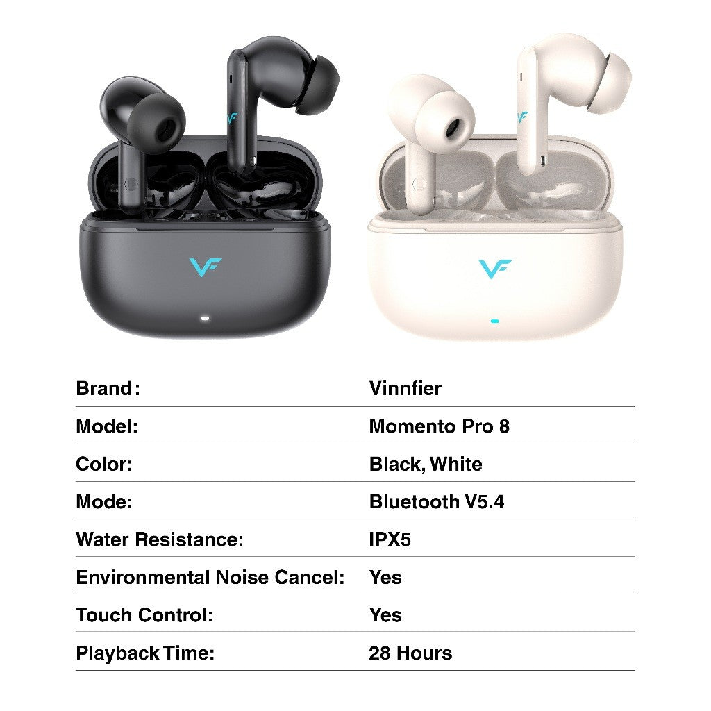 Vinnfier VF Momento Pro 8 Wireless Earbuds Bluetooth 5.4 ANC+ENC TWS Long Playtime HiFi Headphone Active Noise Canceling