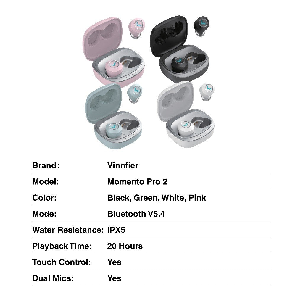 Vinnfier VF Momento Pro 2 Extra Bass ENC ANC True Wireless TWS Earbuds Dual Mic Bluetooth earphone IPX5 Touch Control