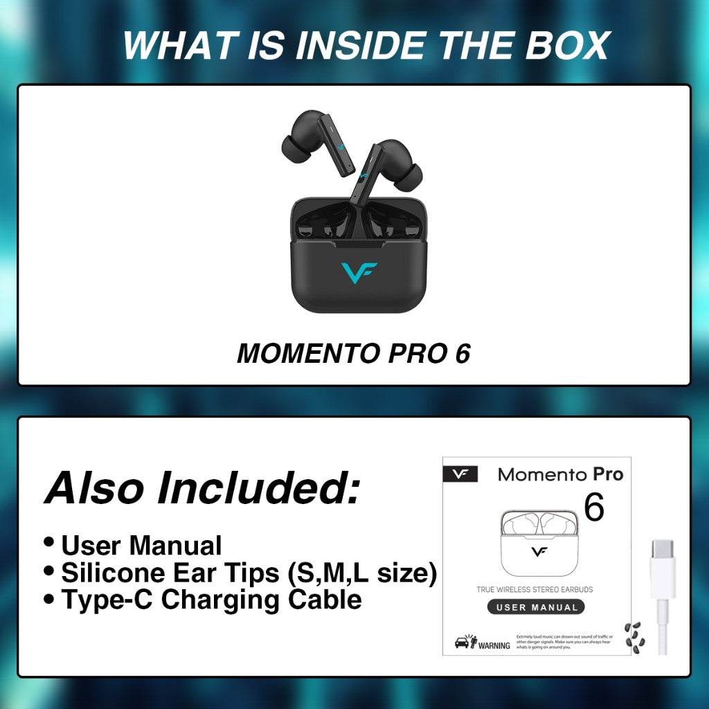 Vinnfier VF Momento Pro 6 Bluetooth ANC ENC TWS Wireless Bluetooth Earphones Stereo call power Touch Headset