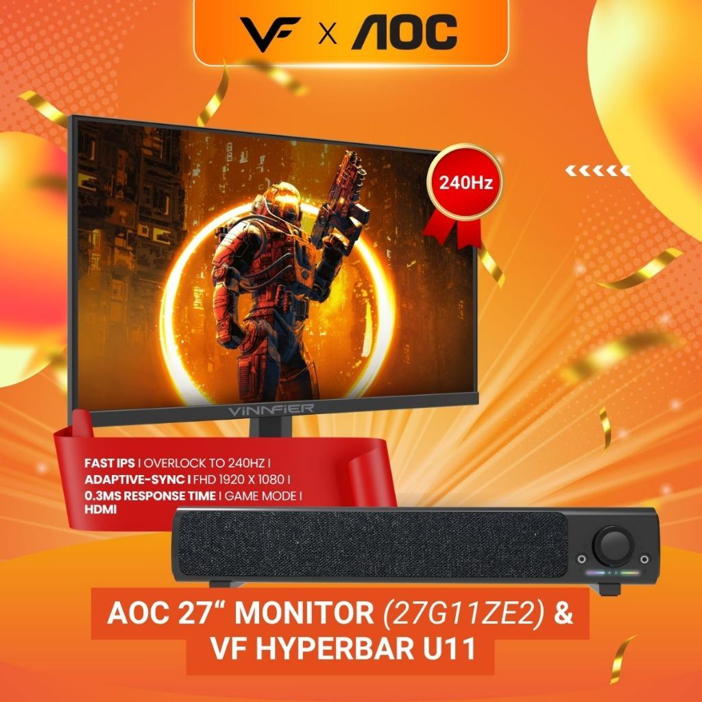 AOC Vinnfier Gaming Audio Speaker X AOC Monitor 27" 27G11ZE2 Fast IPS FHD HDR10 Adaptive Sync 240Hz Gaming Monitor