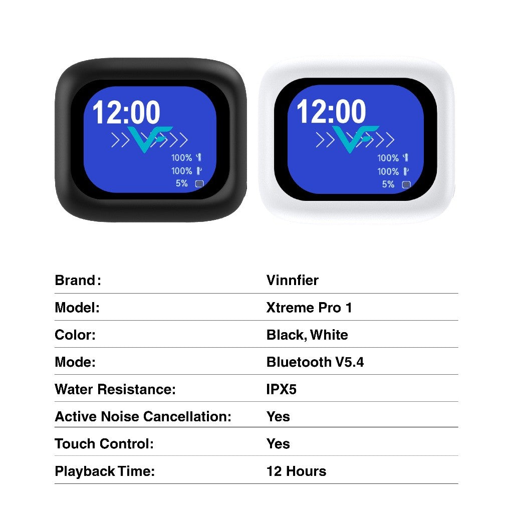 Vinnfier VF Xtreme PRO 1 ANC & ENC Wireless Bluetooth Earbuds Smart Touch Screen Charging Case Gaming microphone