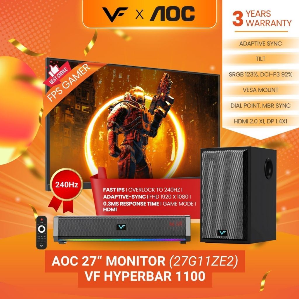 AOC Vinnfier Gaming Audio Speaker X AOC Monitor 27" 27G11ZE2 Fast IPS FHD HDR10 Adaptive Sync 240Hz Gaming Monitor