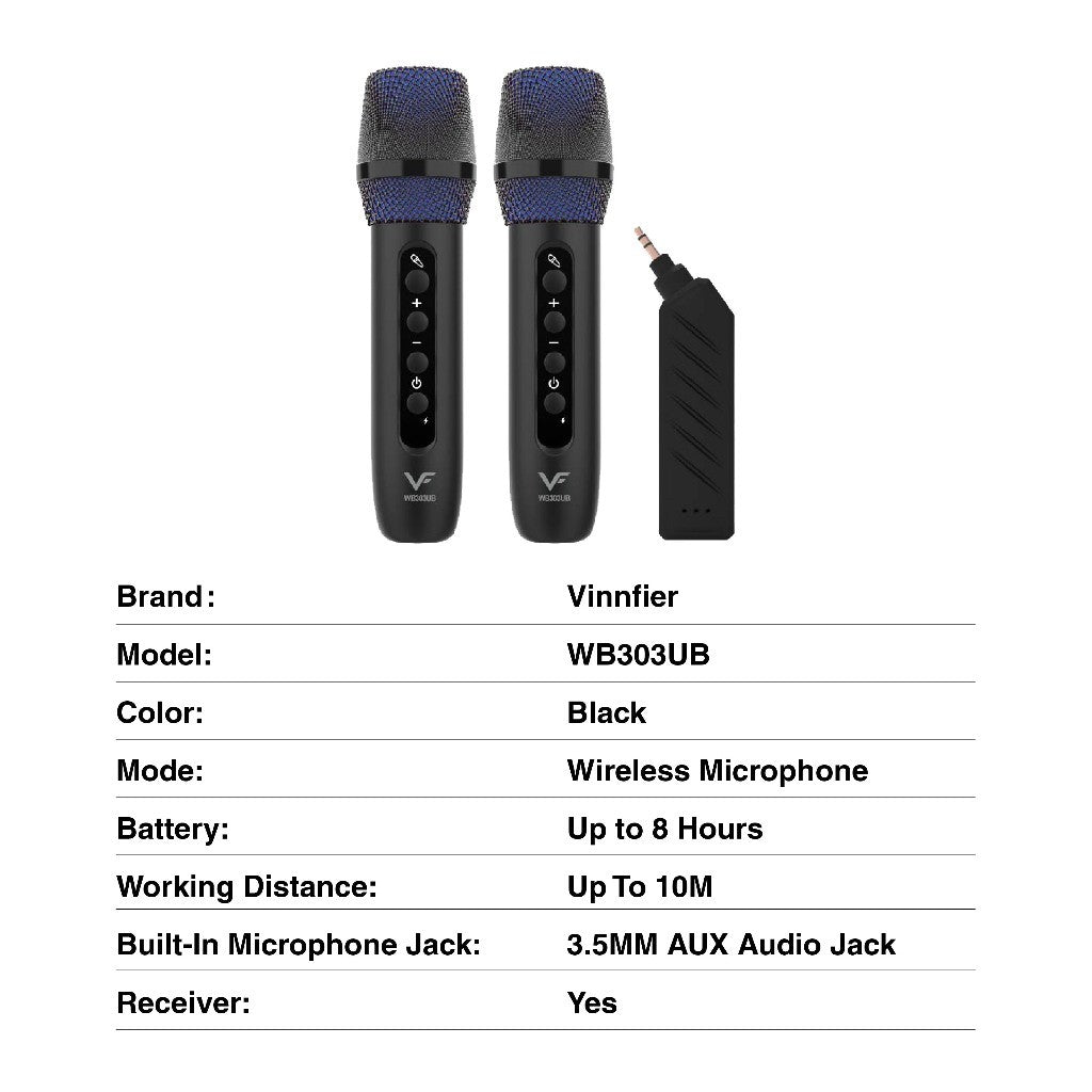 Vinnfier WB303 UB UHF Dual Wireless Microphones Multifunctional 3.5mm Aux Connect directly to Speakers SoundBar TV