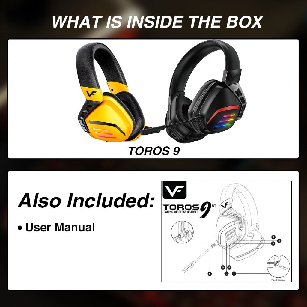 Vinnfier VF Toros 9 Wireless Gaming Headphone 7.1 Surround Sound, RGB Lights, Detachable Mic, USB Dongle, Bluetooth 5.3