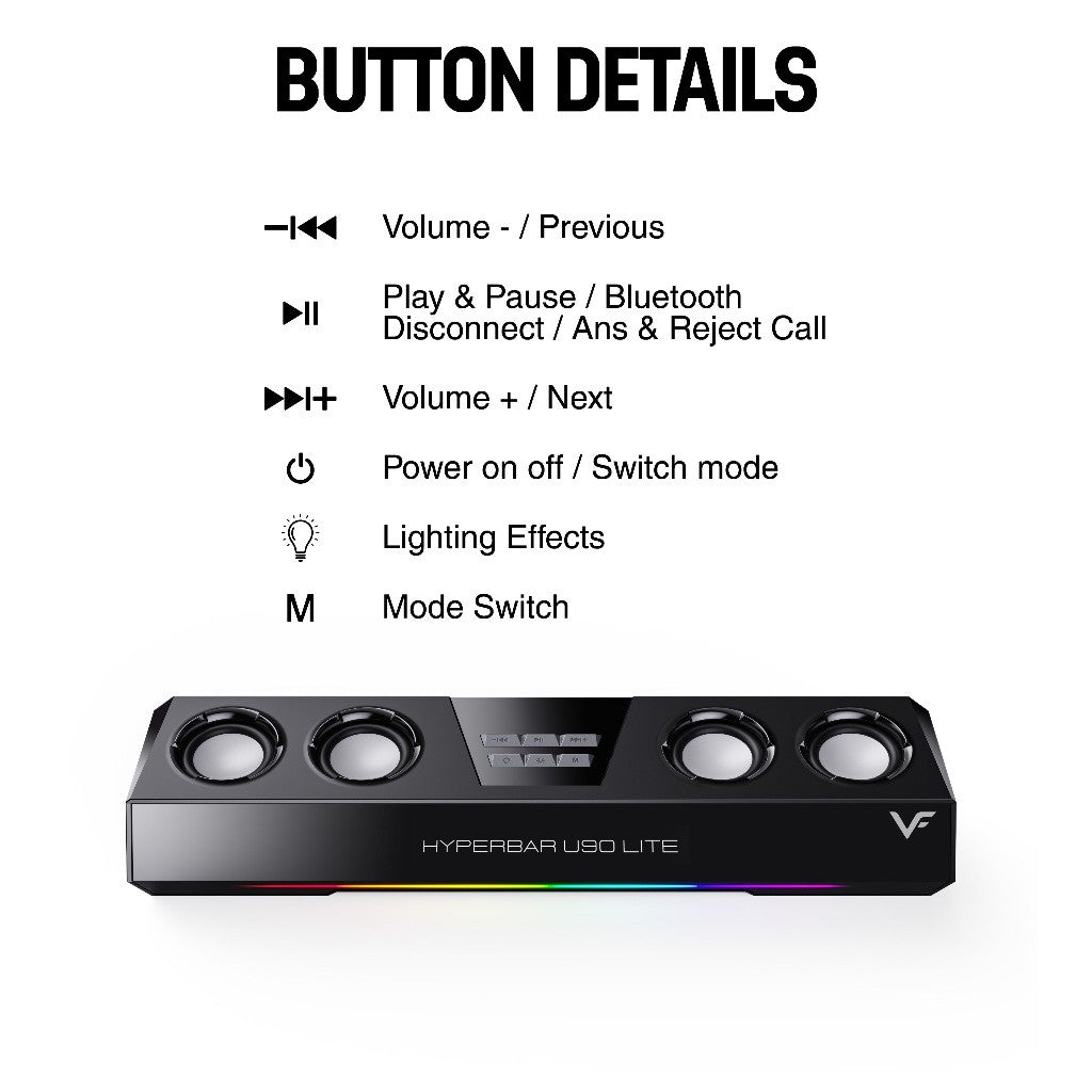 Vinnfier VF Hyperbar U90 Lite RGB Bluetooth Audio USB Powered Soundbar with Bass Boost for PC Laptop Smart TV