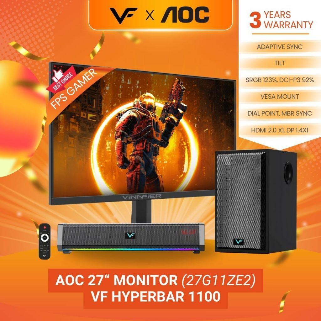 AOC Vinnfier Gaming Audio Speaker X AOC Monitor 27" 27G11ZE2 Fast IPS FHD HDR10 Adaptive Sync 240Hz Gaming Monitor