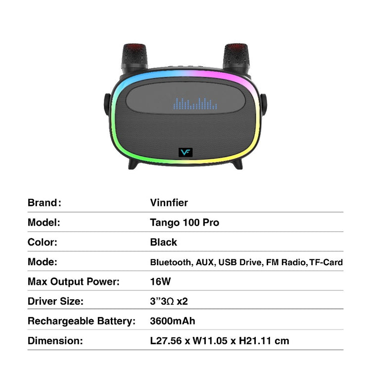 Vinnfier VF Tango 100 Pro Pembesar Suara Mudah Alih Portable Karaoke Bluetooth Speaker X2 Wireless Microphones USB Drive