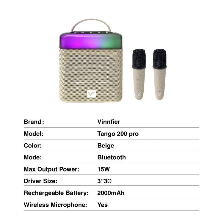 Vinnfier VF Tango 200 PRO WM Mini 2 mic Portable Karaoke bluetooth speaker Color LED Lights 15W Output A