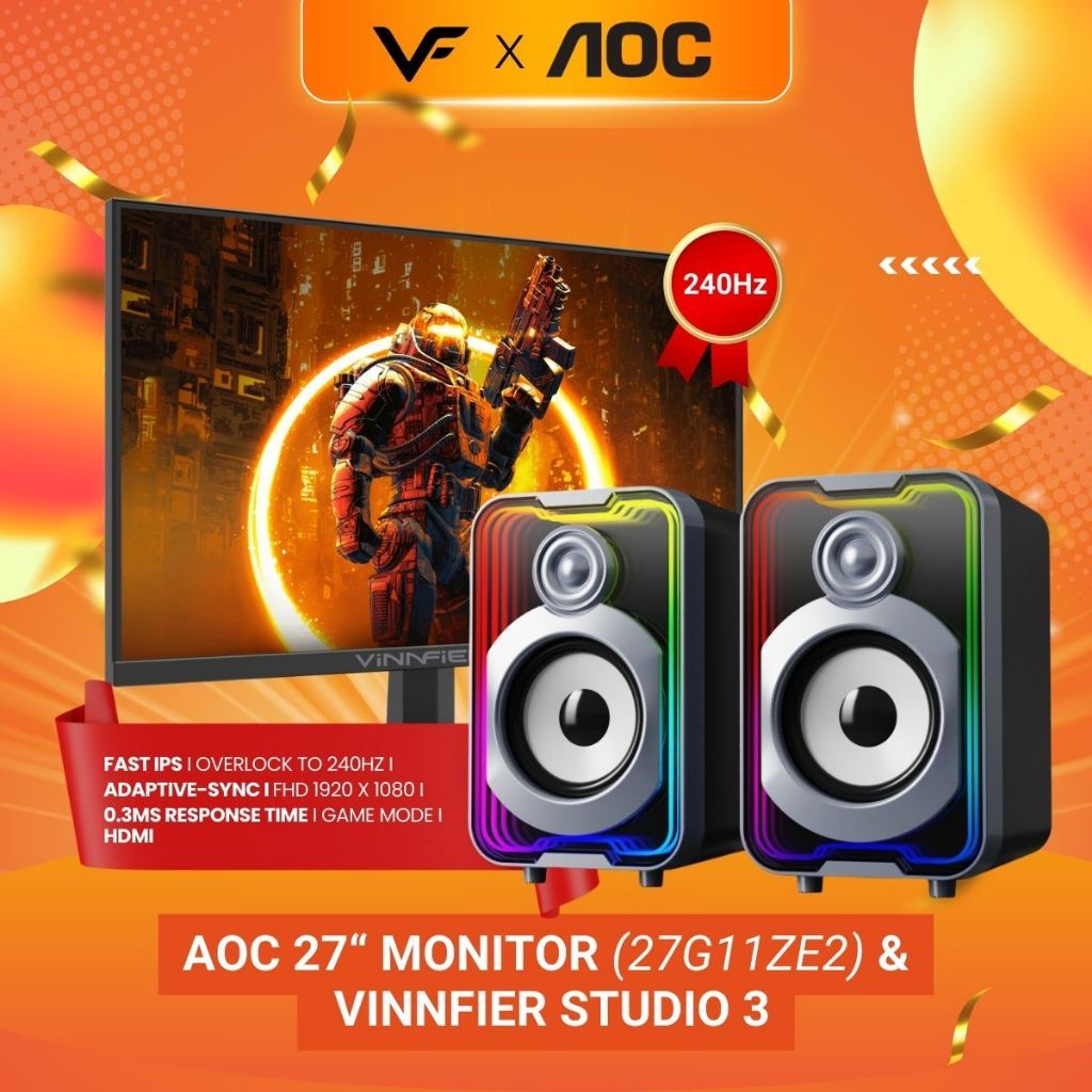 AOC Vinnfier Gaming Audio Speaker X AOC Monitor 27" 27G11ZE2 Fast IPS FHD HDR10 Adaptive Sync 240Hz Gaming Monitor