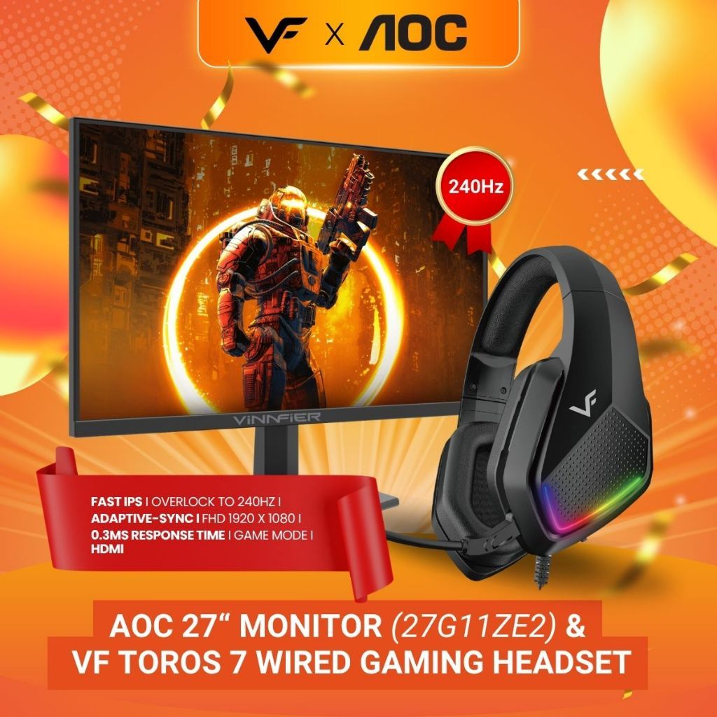 AOC Vinnfier Gaming Audio Speaker X AOC Monitor 27" 27G11ZE2 Fast IPS FHD HDR10 Adaptive Sync 240Hz Gaming Monitor