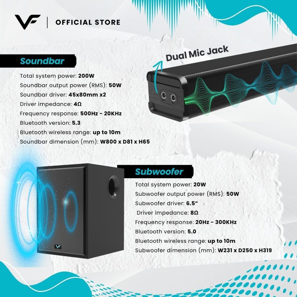 Vinnfier VF Hyperbar 505 BTRW Sound Premium Karaoke Wireless Soundbar Wireless Subwoofer 2.1 Karaoke System