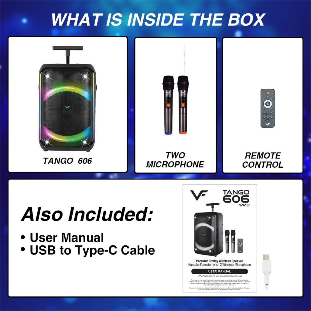 Vinnfier Tango 606 WMB 12" Mudah Alih Pembesar Suara Bass Bluetooth Karaoke Speaker LED Party Lights Guitar AUX, USB