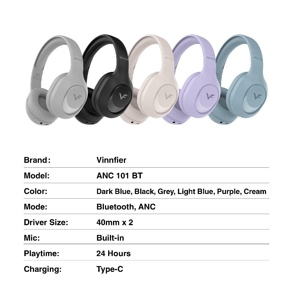 Vinnfier VF ANC101 BT High Performance Bluetooth Headphone Deep Bass High-Quality Sound Active Noise Cancellation ANC