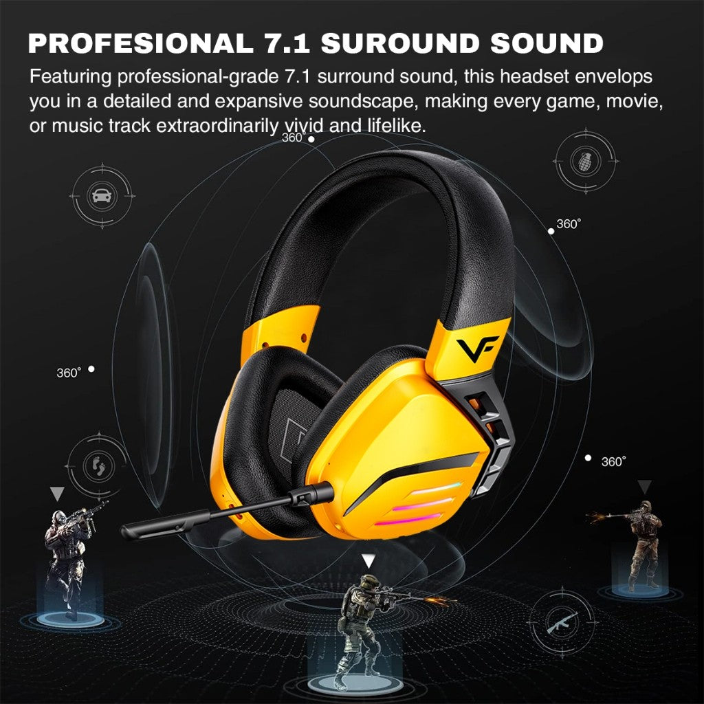 Vinnfier VF Toros 9 Wireless Gaming Headphone 7.1 Surround Sound, RGB Lights, Detachable Mic, USB Dongle, Bluetooth 5.3