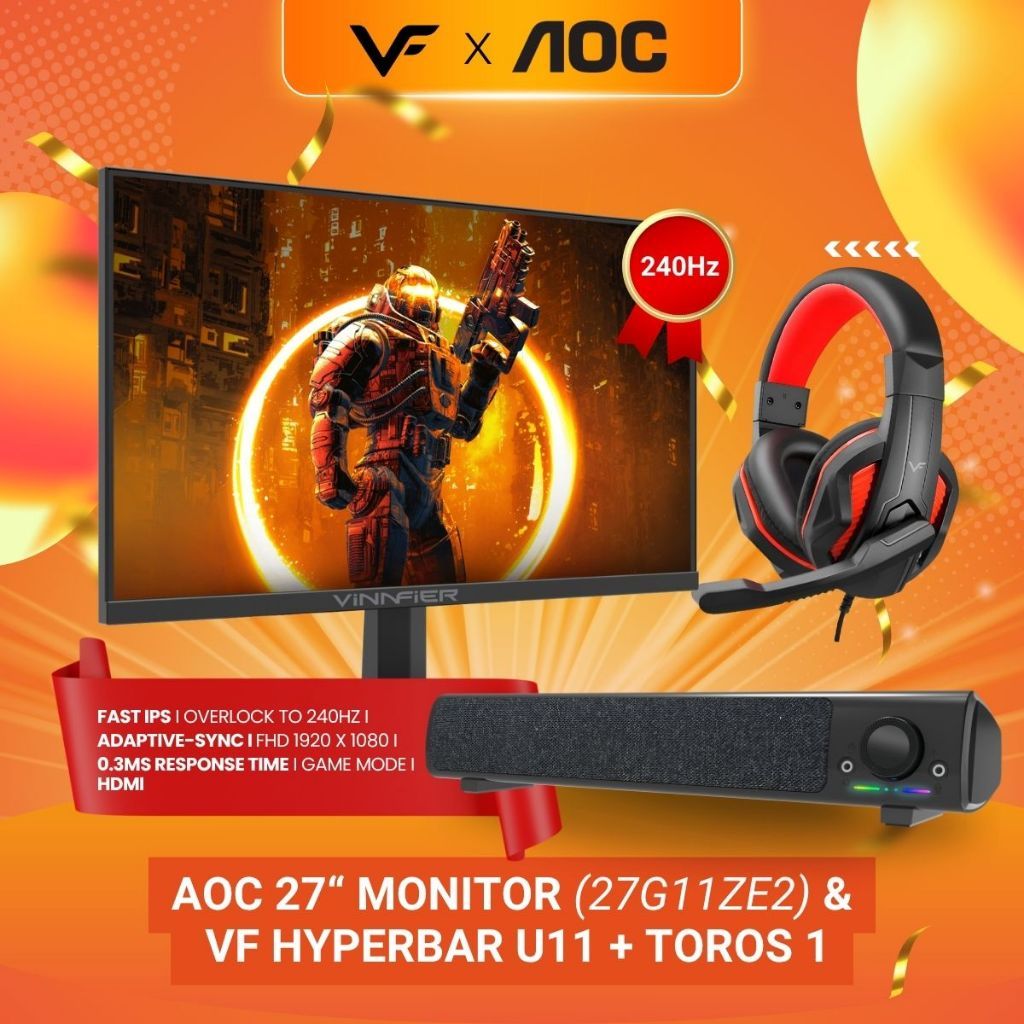 AOC Vinnfier Gaming Audio Speaker X AOC Monitor 27" 27G11ZE2 Fast IPS FHD HDR10 Adaptive Sync 240Hz Gaming Monitor
