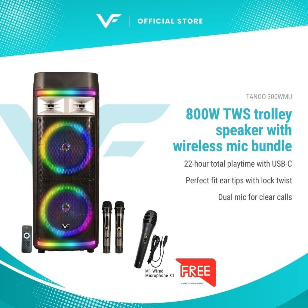 Vinnfier VF Tango 300 WMU Pembesar Suara Trolley Mudah Alih Portable Trolley Bluetooth Speaker 2 UHF Wireless Mic
