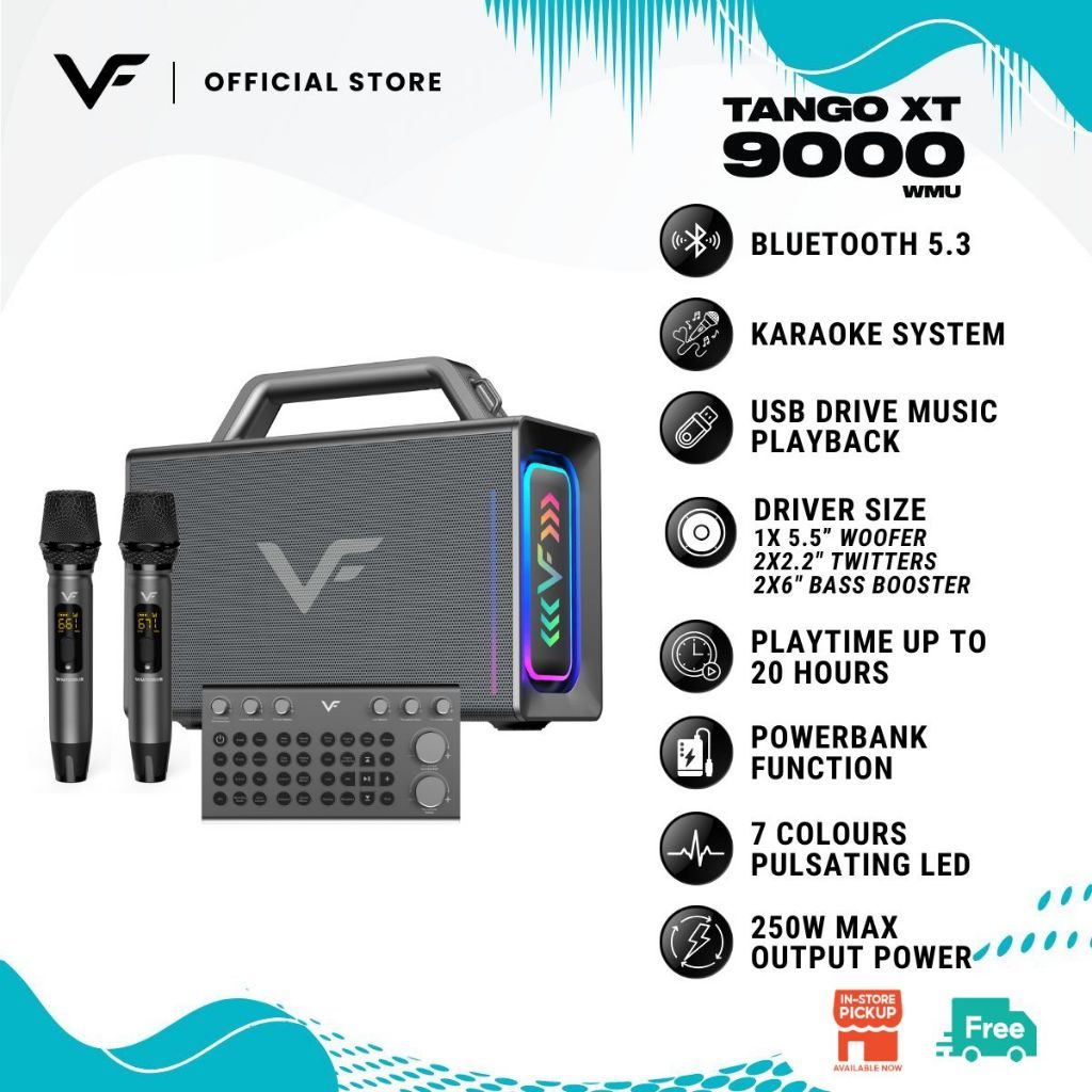 Vinnfier VF Tango XT9000 MAX 200W Professional Karaoke Portable Bluetooth Speaker Sound card Mixer 2 UHF Mirophone