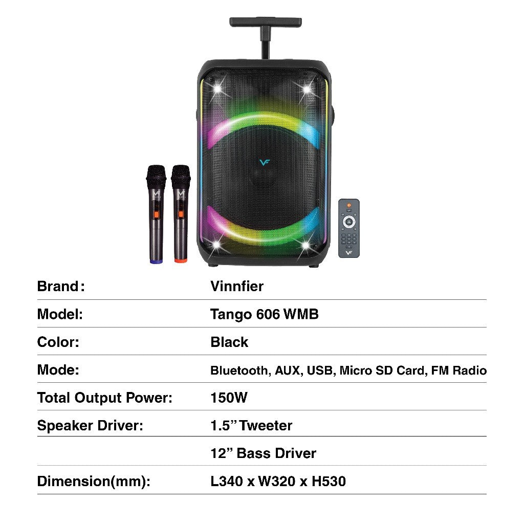 Vinnfier Tango 606 WMB 12" Mudah Alih Pembesar Suara Bass Bluetooth Karaoke Speaker LED Party Lights Guitar AUX, USB