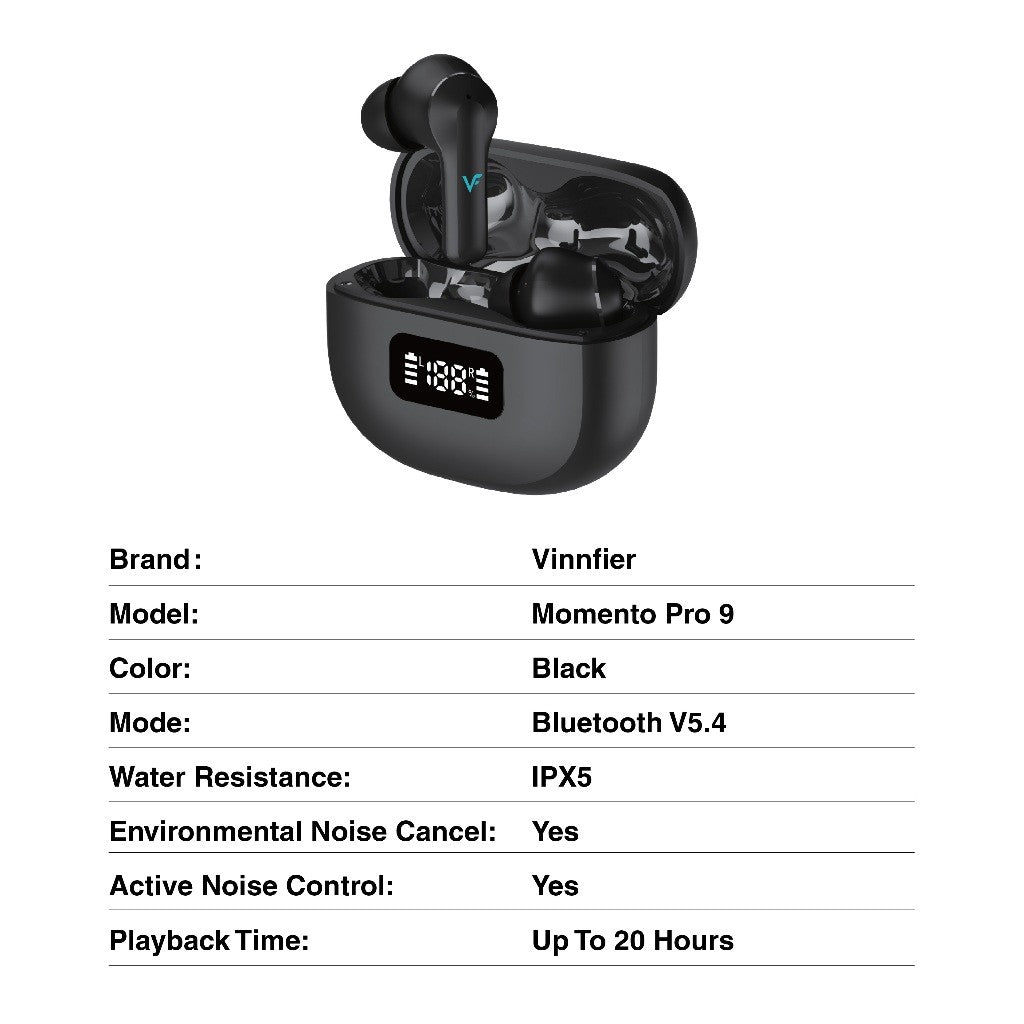 Vinnfier VF Momento Pro 9 ANC + ENC True Wireless Stereo Earbud 6 Built-in Microphones IPX5 Digital LED Display