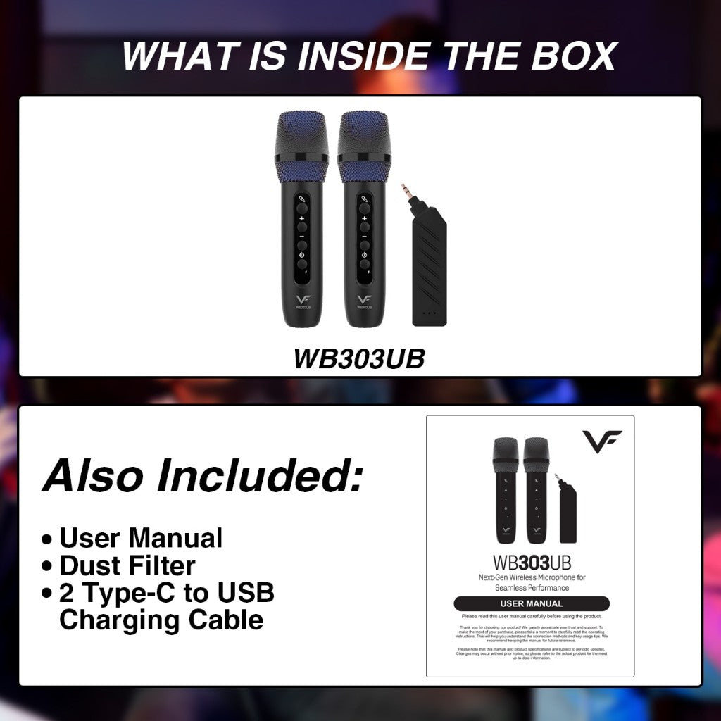 Vinnfier WB303 UB UHF Dual Wireless Microphones Multifunctional 3.5mm Aux Connect directly to Speakers SoundBar TV