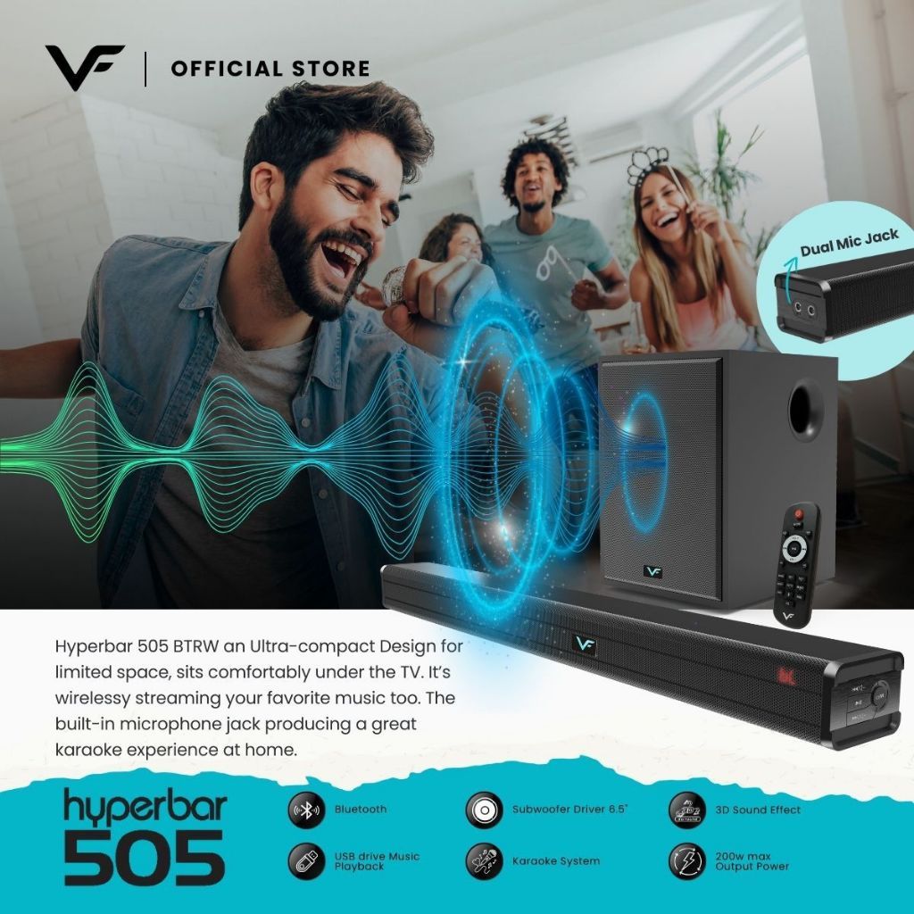 Vinnfier VF Hyperbar 505 BTRW Sound Premium Karaoke Wireless Soundbar Wireless Subwoofer 2.1 Karaoke System