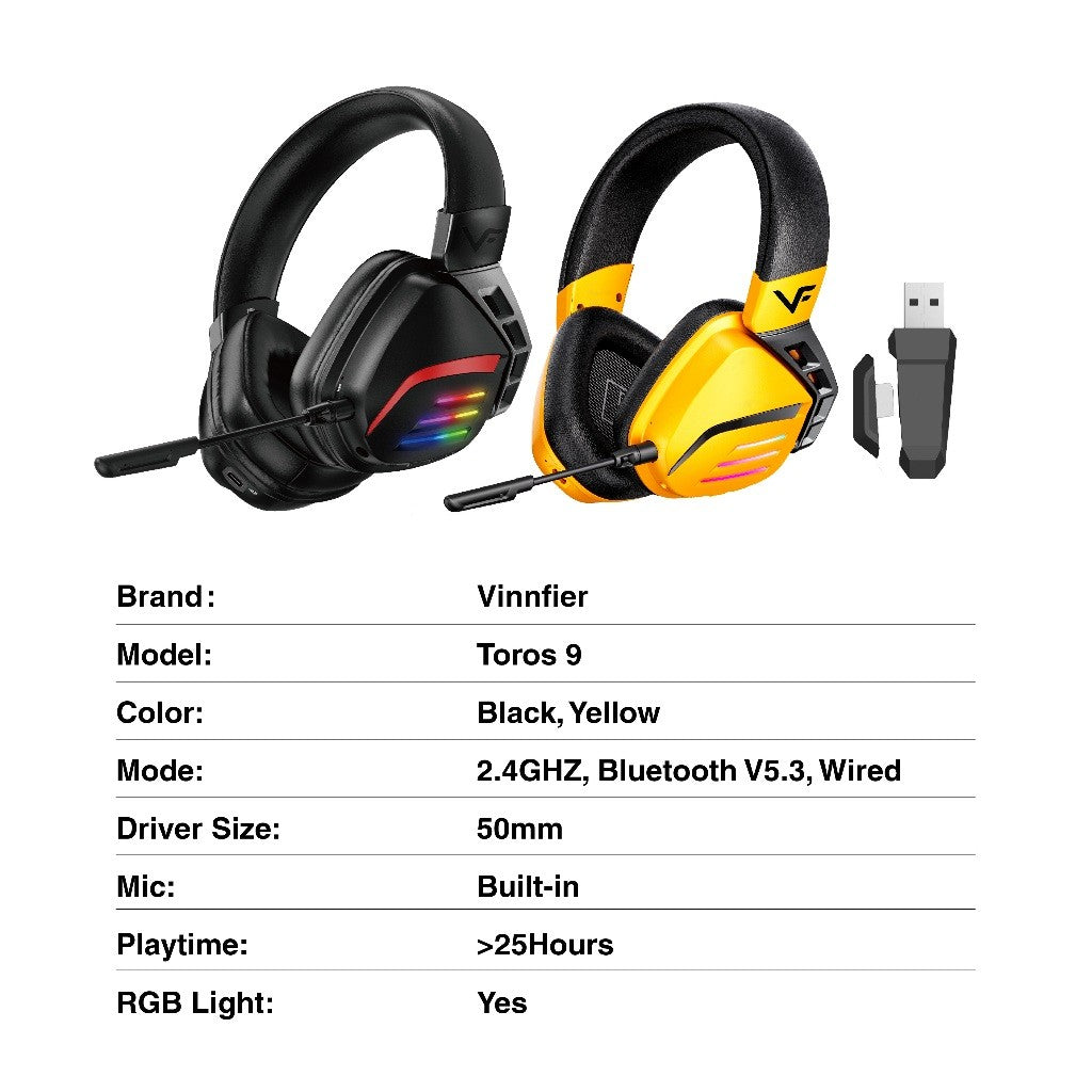 Vinnfier VF Toros 9 Wireless Gaming Headphone 7.1 Surround Sound, RGB Lights, Detachable Mic, USB Dongle, Bluetooth 5.3