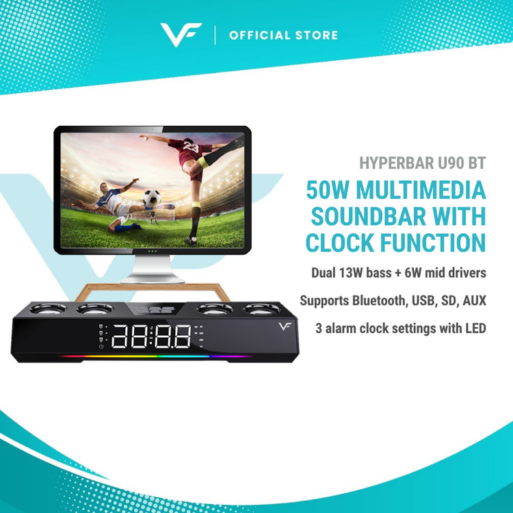 Vinnfier VF Hyperbar U90 BT 50W Bluetooth dengan Fungsi Jam Penggera Speaker alarm clock Portable Soundbar RGB light