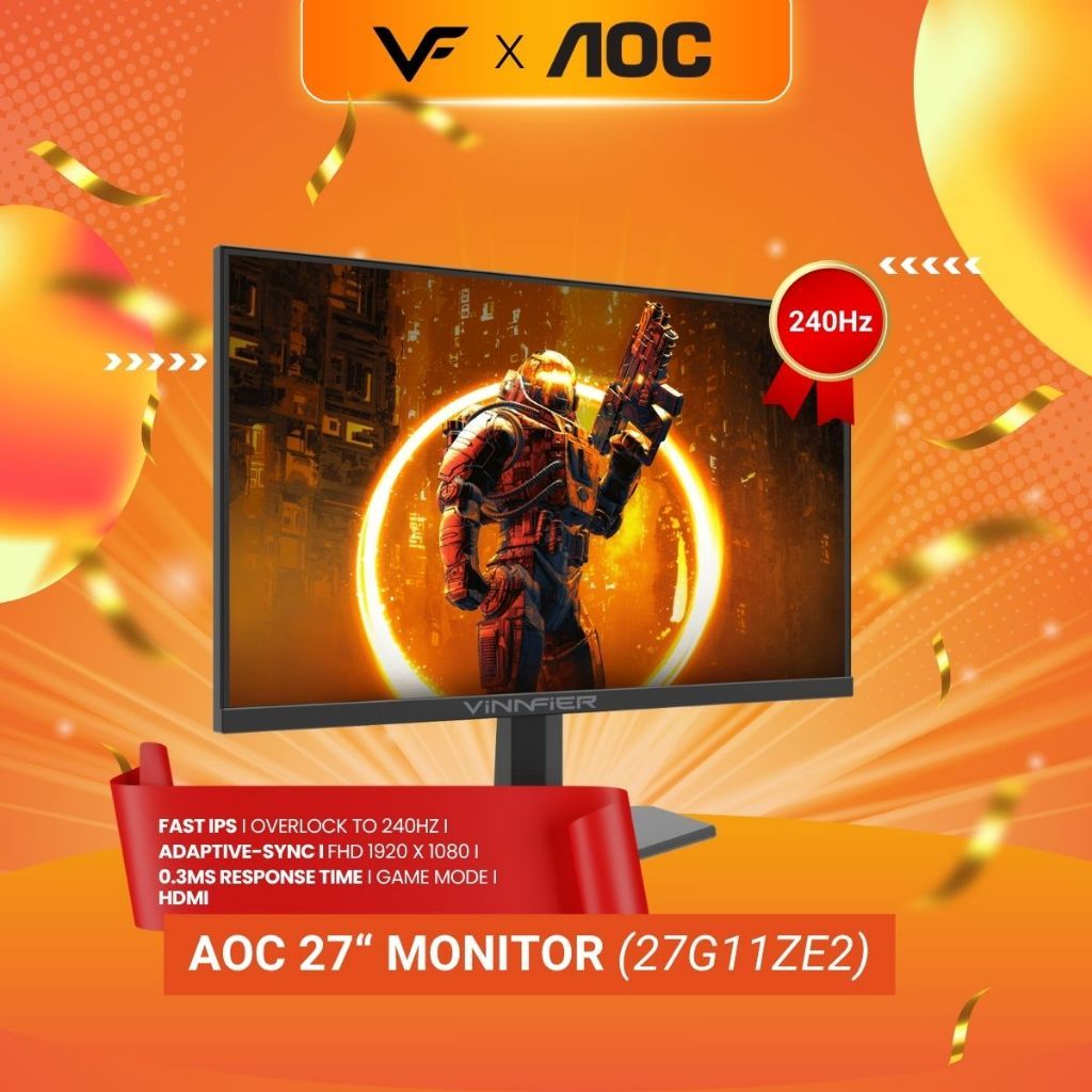 AOC Vinnfier Gaming Audio Speaker X AOC Monitor 27" 27G11ZE2 Fast IPS FHD HDR10 Adaptive Sync 240Hz Gaming Monitor