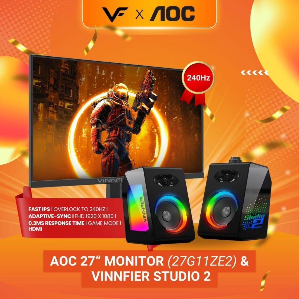 AOC Vinnfier Gaming Audio Speaker X AOC Monitor 27" 27G11ZE2 Fast IPS FHD HDR10 Adaptive Sync 240Hz Gaming Monitor
