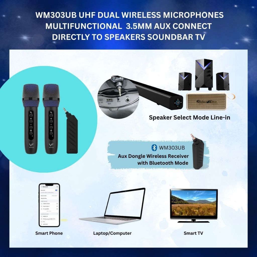 Vinnfier WB303 UB UHF Dual Wireless Microphones Multifunctional 3.5mm Aux Connect directly to Speakers SoundBar TV