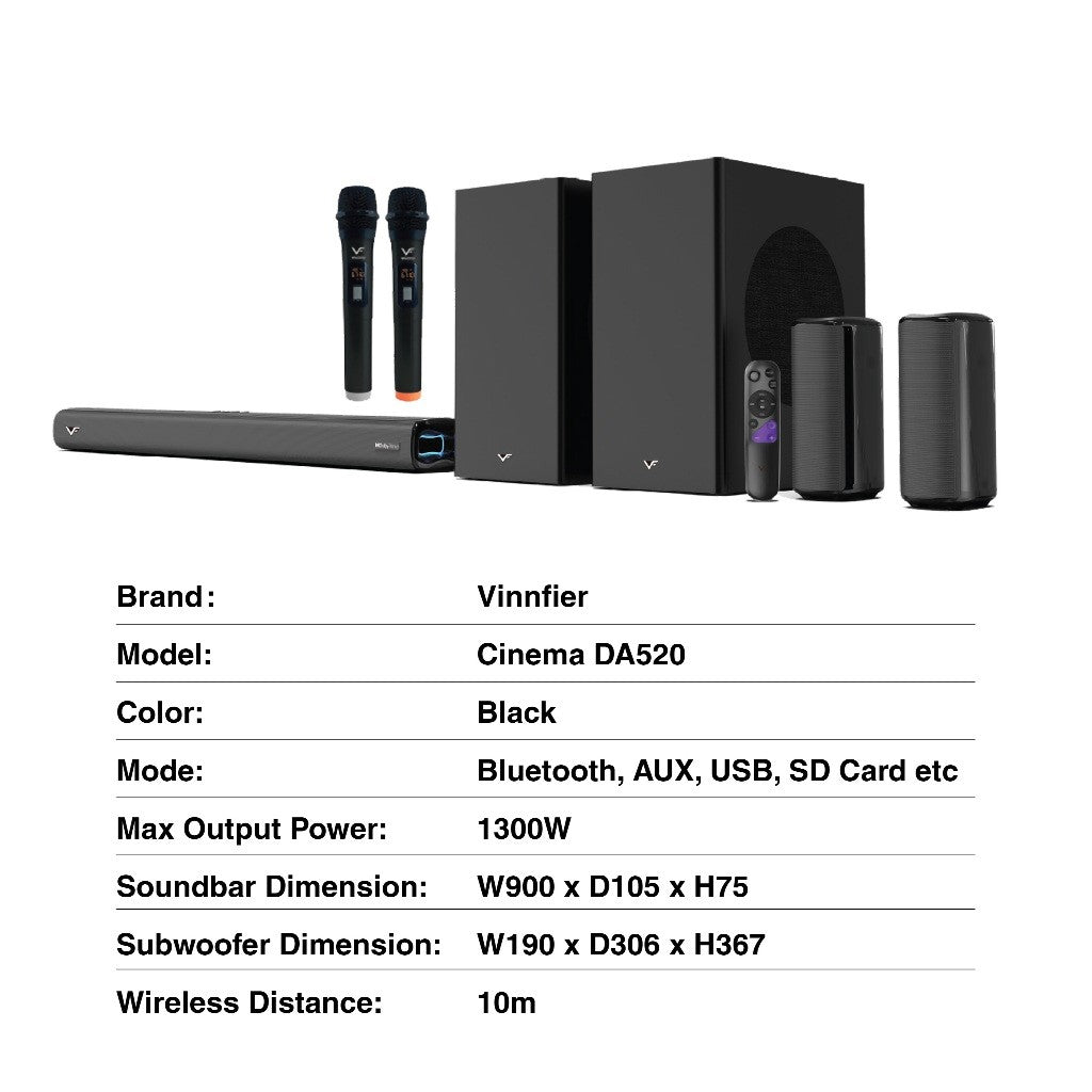 Vinnfier VF Hyperbar Cinema DA520 1300W Dolby Atmos 5.2.4 Soundbar with Bluetooth Karaoke System Speaker Soundbar