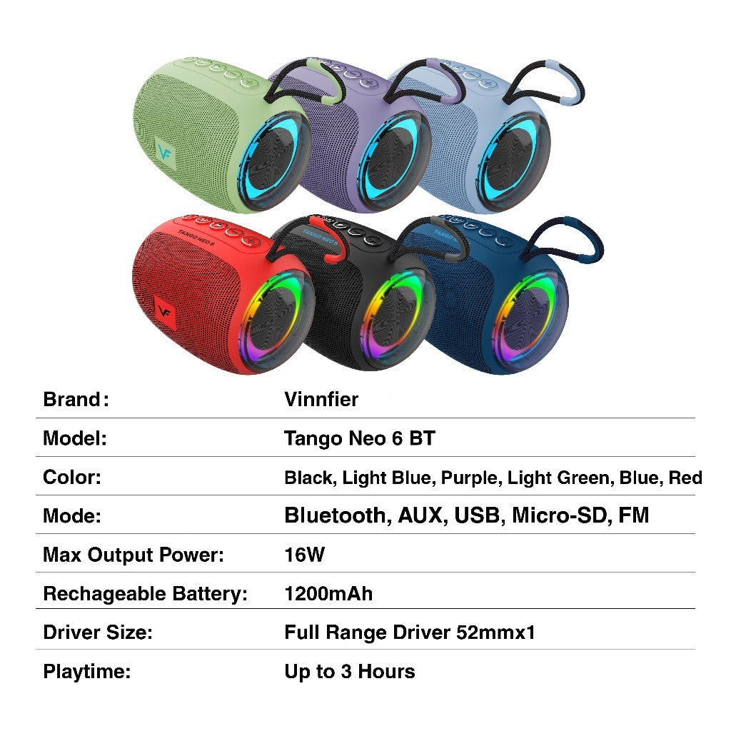 Vinnfier VF Tango Neo 6 LED Light Bluetooth Mini Speaker Extra Bass Built-in Mic USB and Micro-SD card slot  Audio