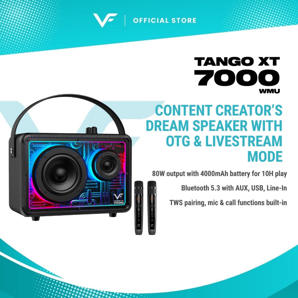 Vinnfier VF Tango XT7000 Max 80W Portable Bluetooth Karaoke Speaker Guitar , 2 UHF Wireless Microphone with OTG
