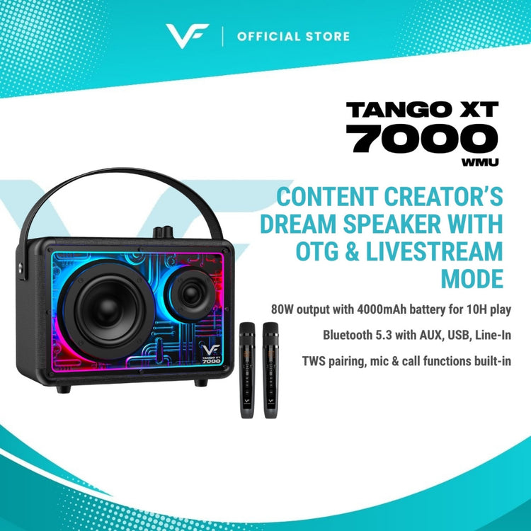 Vinnfier VF Tango XT7000 Max 80W Portable Bluetooth Karaoke Speaker Guitar , 2 UHF Wireless Microphone with OTG