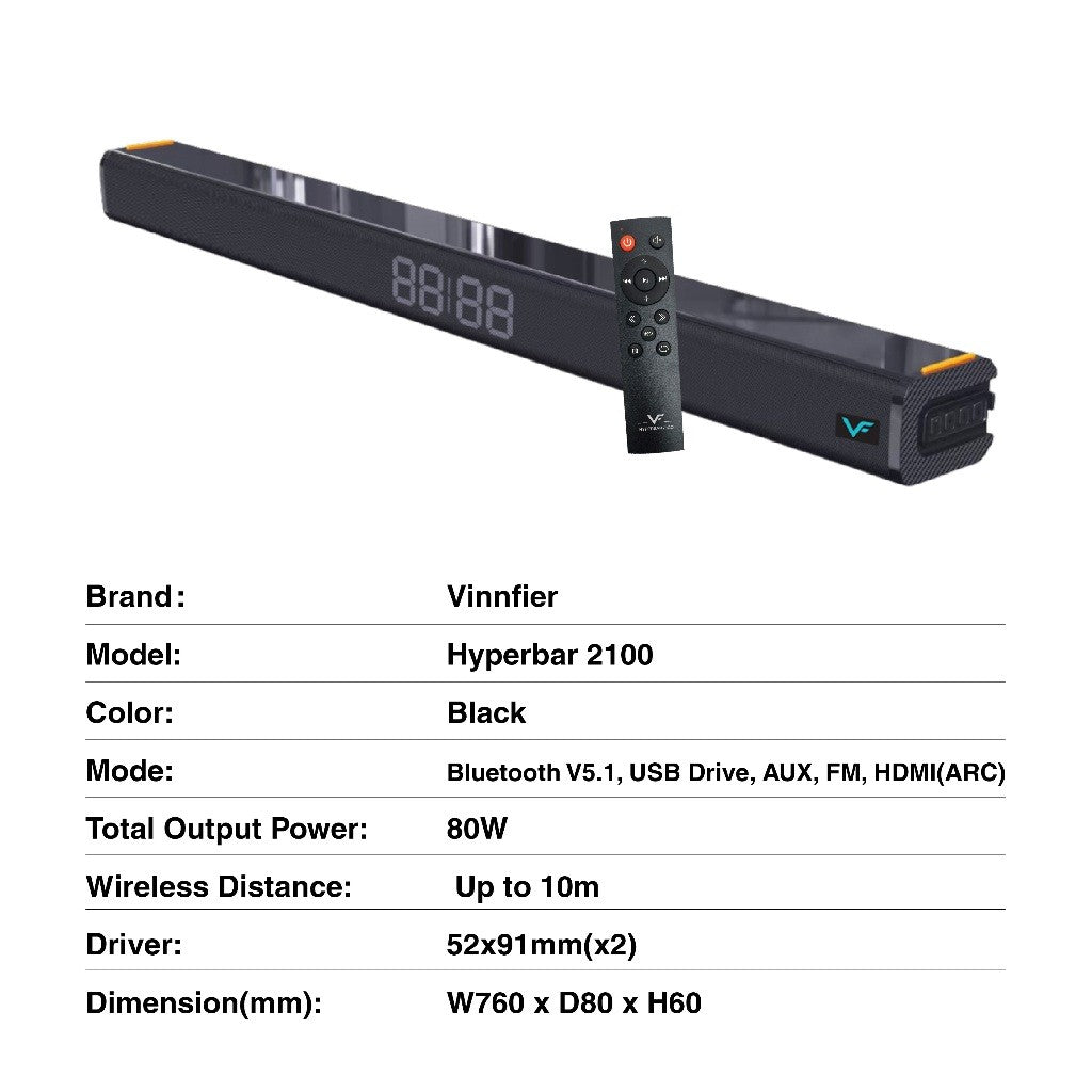 Vinnfier VF HYPERBAR 2100 All-in-One Soundbar with Clock Display MAX 80W Bluetooth, USB Drive, HDMI (ARC), AUX-In For TV