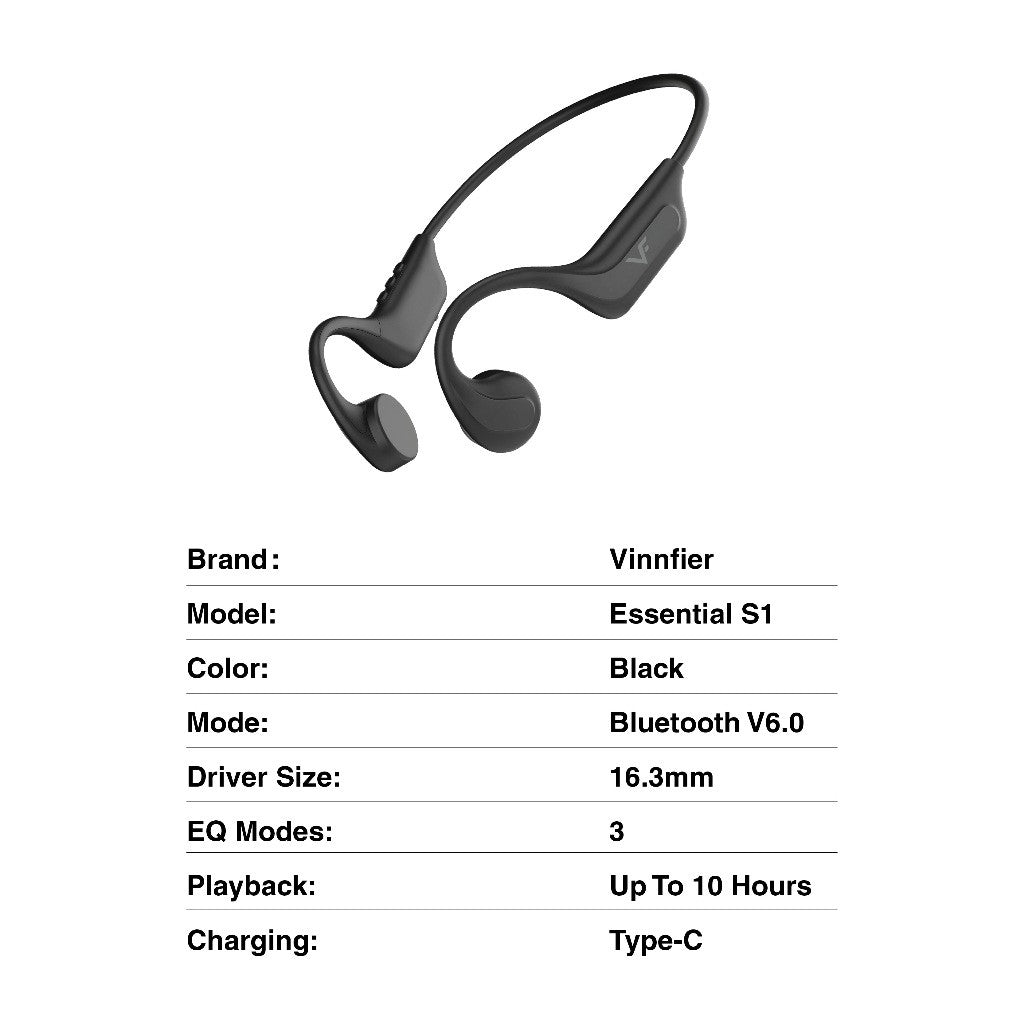 Vinnfier VF ESSENTIAL S1 Bone Conduction Headphones 16.3mm Driver Bluetooth 6.0 IP65 Workouts, Cycling, and Running