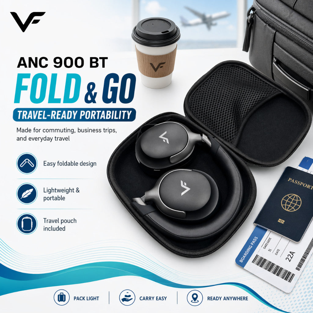 Vinnfier VF ANC 900 BT Wireless Headphones Deep ANC, 3D Spatial Audio, BT V5.4, Built-In Mic, Foldable Design, Travel