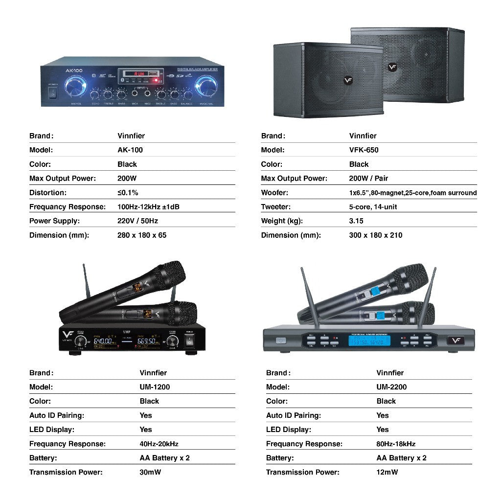 Vinnfier VF Ultra Pro 6 Inch Karaoke Set Amplifier 200W Speaker 400W + Dual Wireless Microphones Professional Karaoke