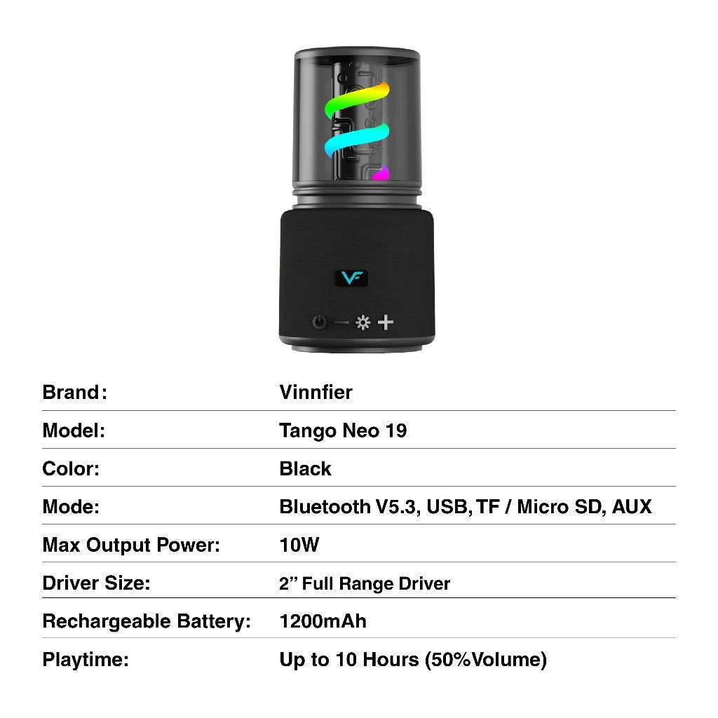 Vinnfier VF Tango Neo 19 Portable Bluetooth 5.3 Speaker | 5W Output Multi-Mode Playback USB/TF/AUX 1200mAh Battery