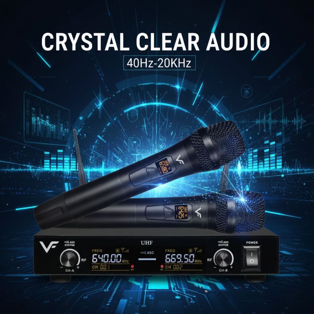 Vinnfier VF UM-1200 Professional DUO Wireless UHF Microphone System 60 Adjustable Channels & Auto ID Pair
