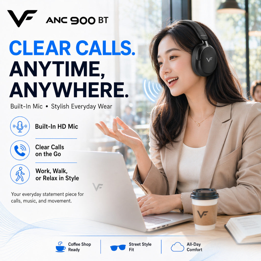 Vinnfier VF ANC 900 BT Wireless Headphones Deep ANC, 3D Spatial Audio, BT V5.4, Built-In Mic, Foldable Design, Travel